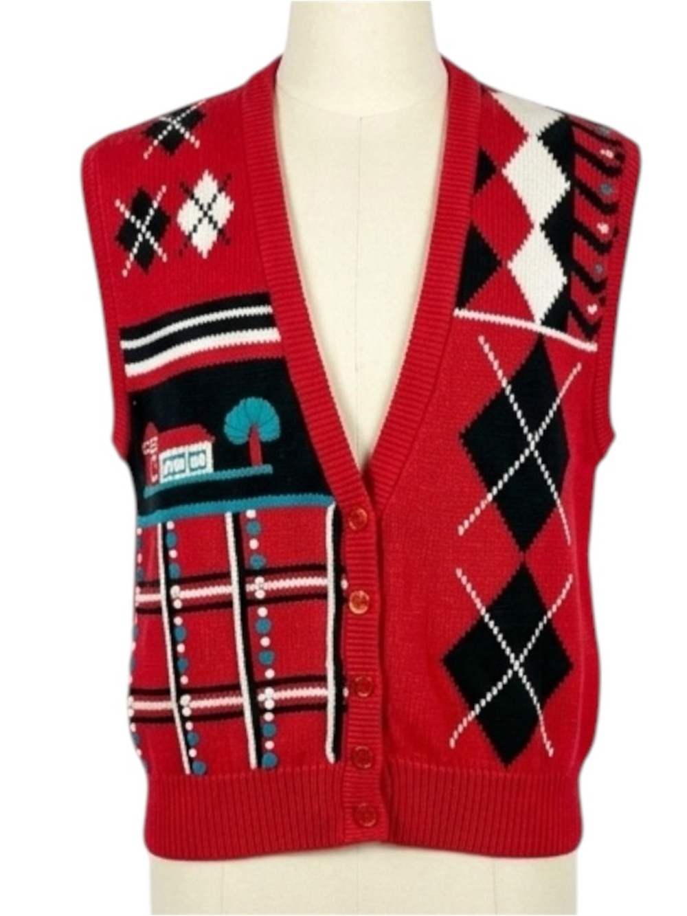 Koret Vintage Women Red Argyle Knit Vest size small